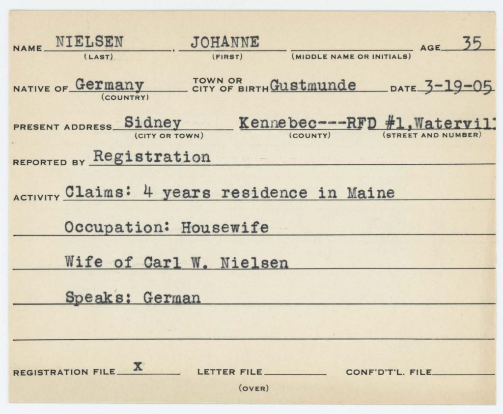 Alien Registration Card- Nielsen,Johanne (Sidney, Kennebec County)