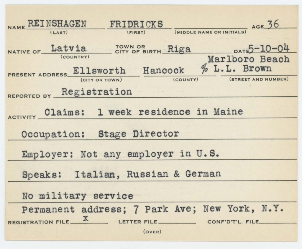 Alien Registration Card- Reirshagens, Fridriehs (Ellsworth, Hancock County)