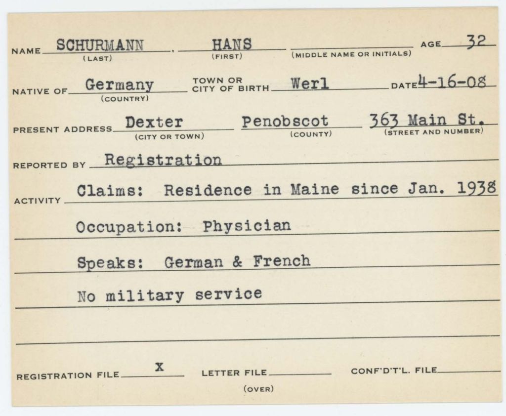 Alien Registration Card- Schurmann, Hans (Dexter, Penobscot County)