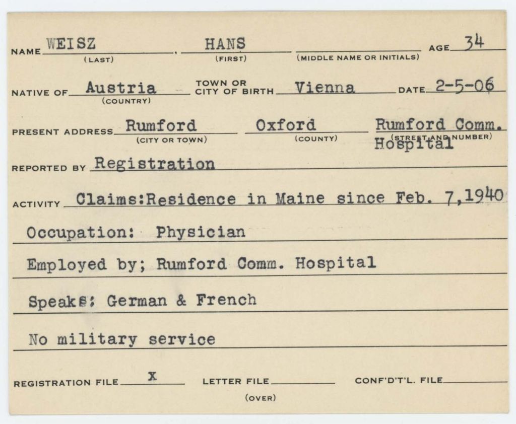Alien Registration Card- Weisz, Hans (Rumford, Oxford County)