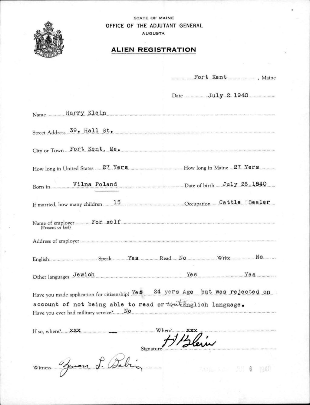 Alien Registration- Klein, Harry (Fort Kent, Aroostook County)