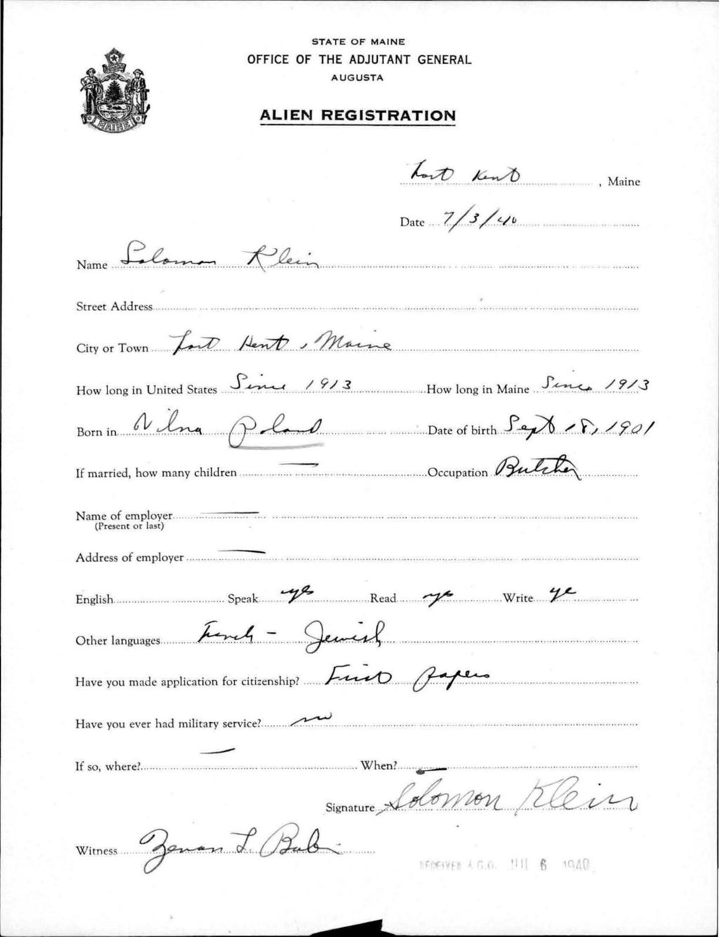 Alien Registration- Klein, Solomon (Fort Kent, Aroostook County)