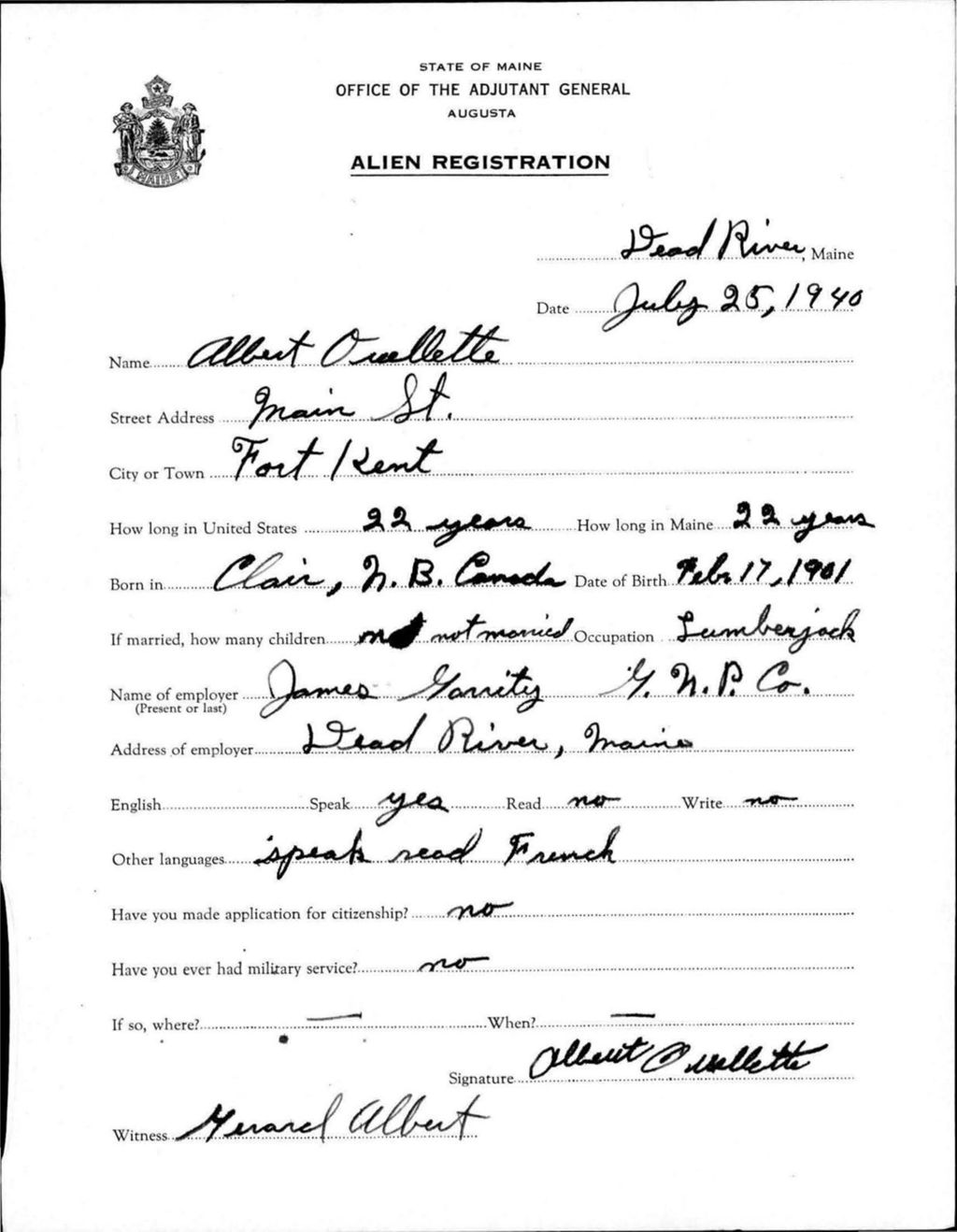 Alien Registration- Ouellette, Albert (Fort Kent, Aroostook County)