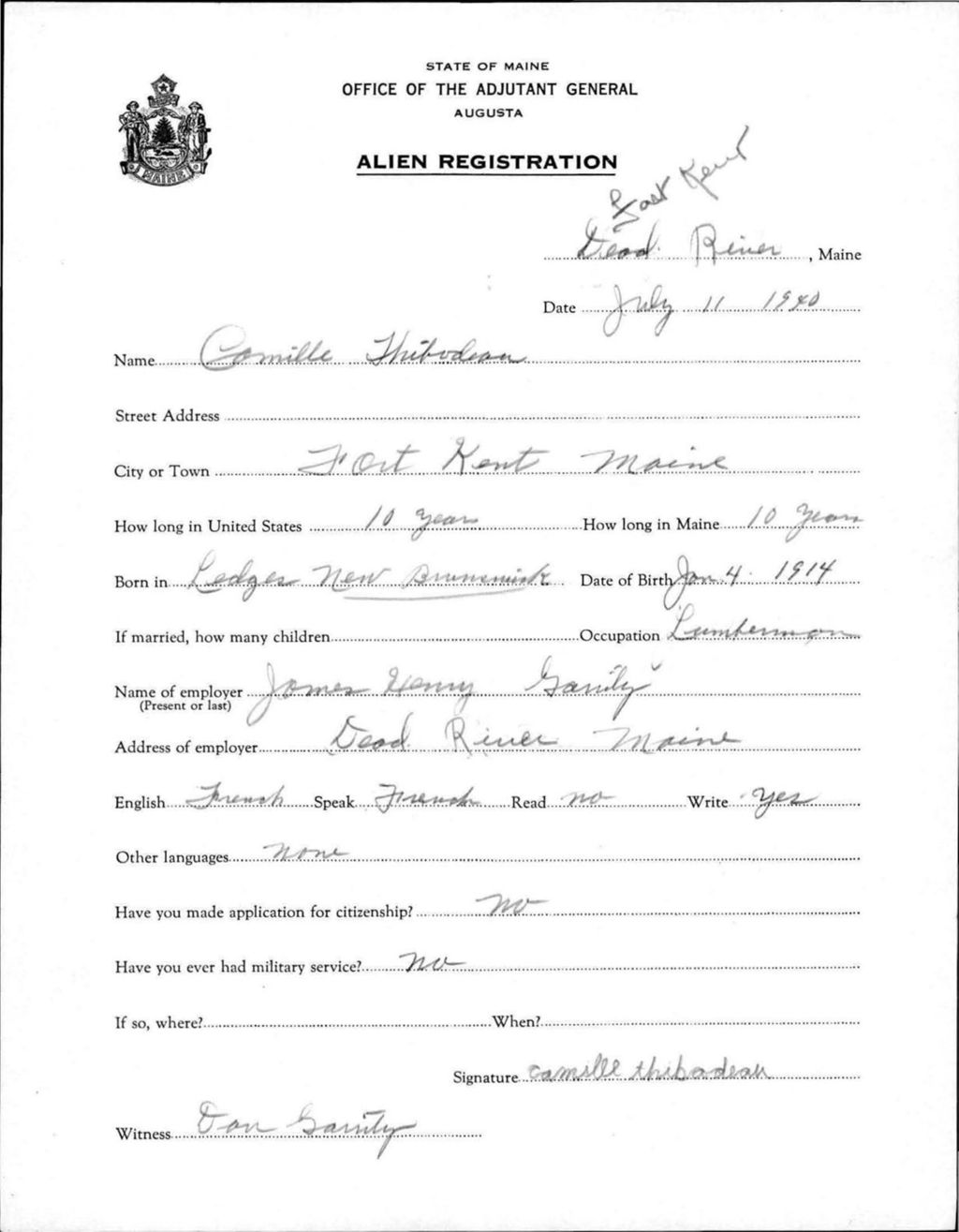 Alien Registration- Thibodeau, Camille (Fort Kent, Aroostook County)