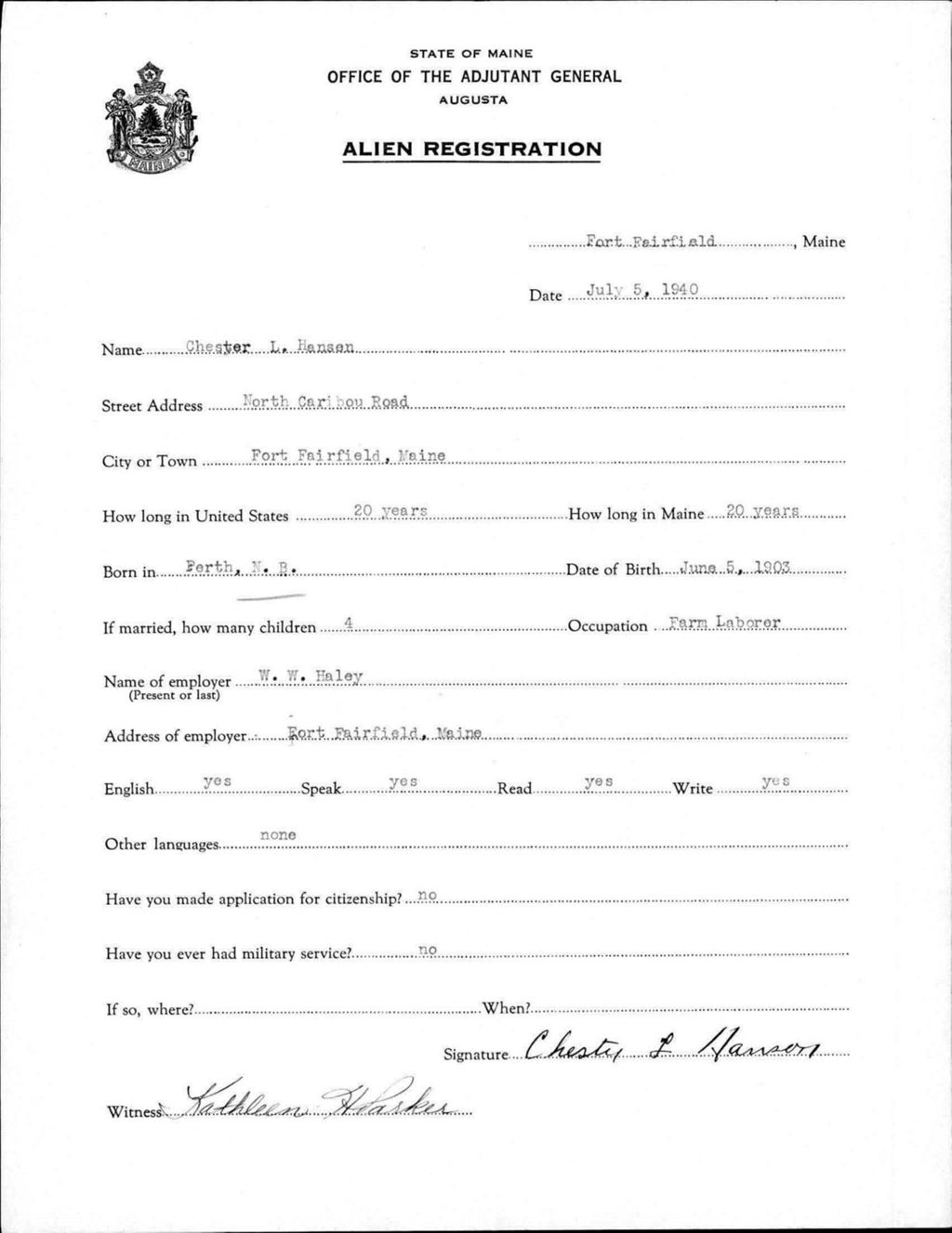 Alien Registration- Hansen, Chester L. (Fort Fairfield, Aroostook County)