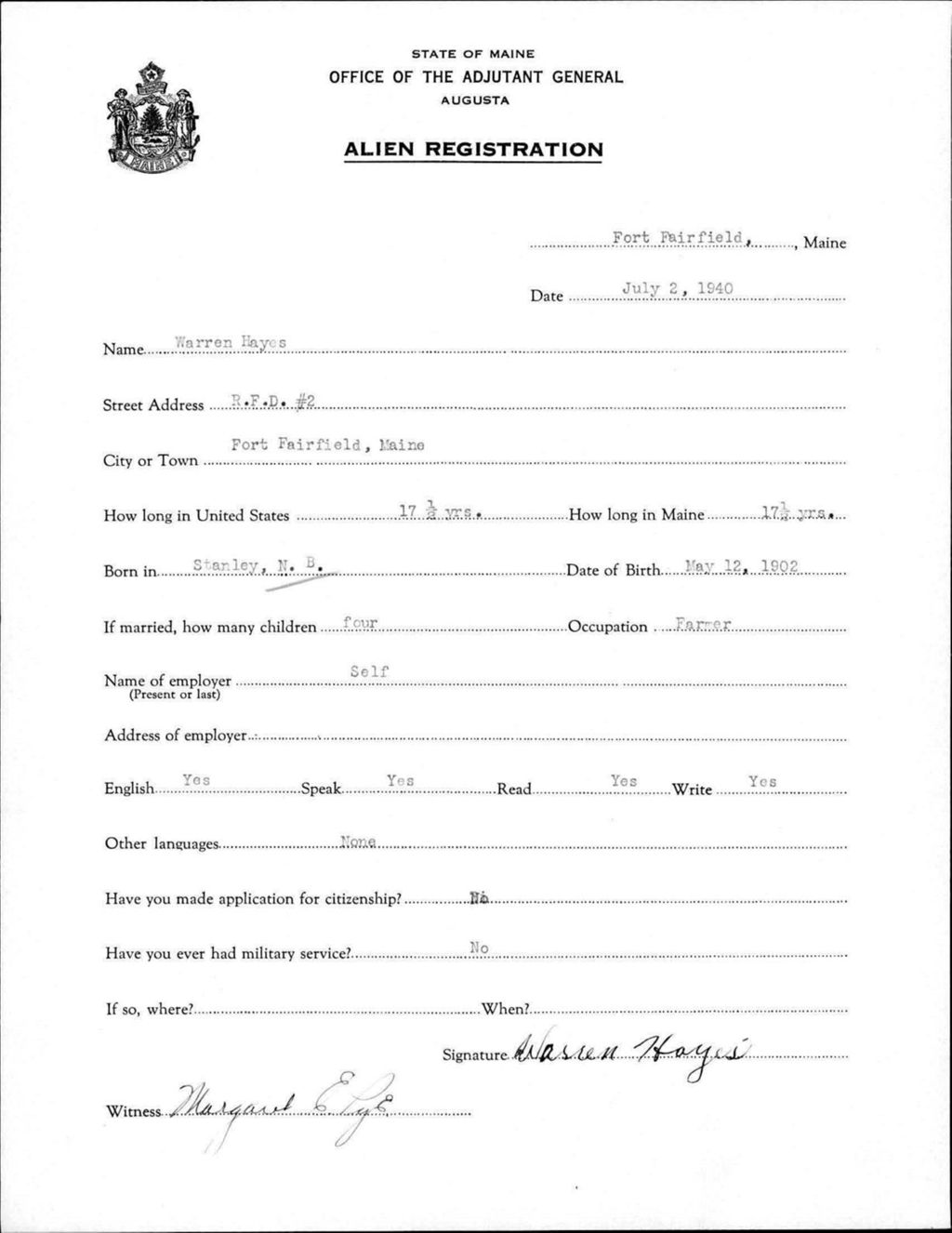 Alien Registration- Hayes, Warren (Fort Fairfield, Aroostook County)