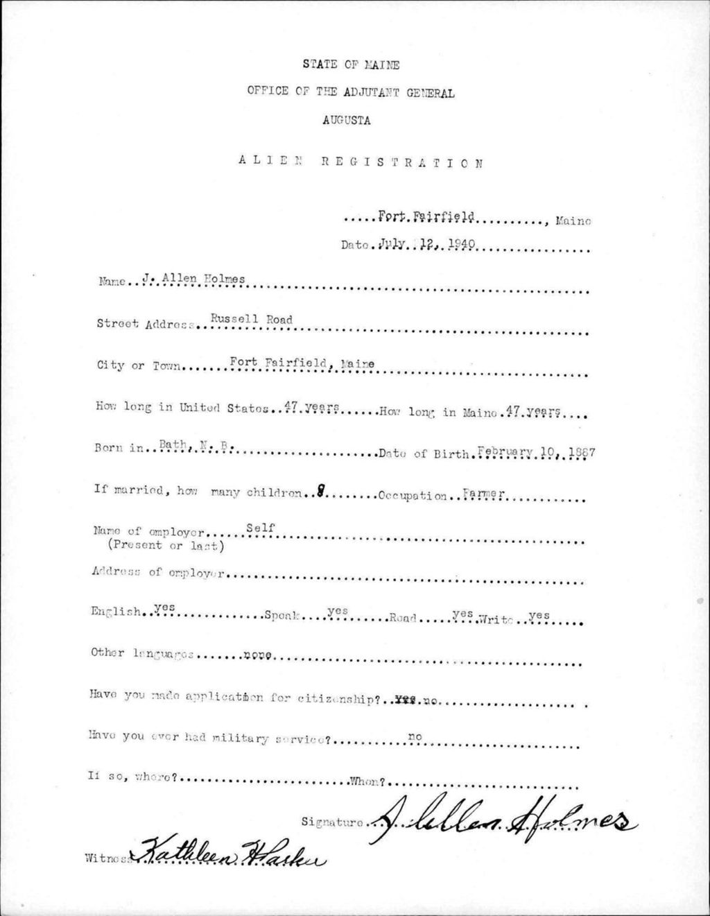 Alien Registration- Holmes, J Allen (Fort Fairfield, Aroostook County)