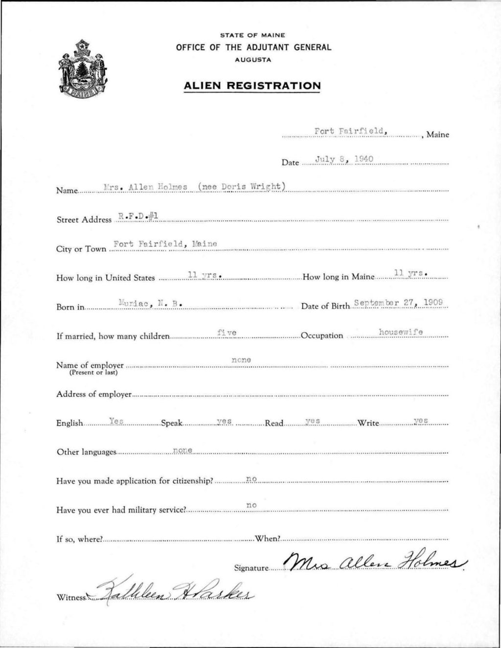 Alien Registration- Wright, Doris (Fort Fairfield, Aroostook County)
