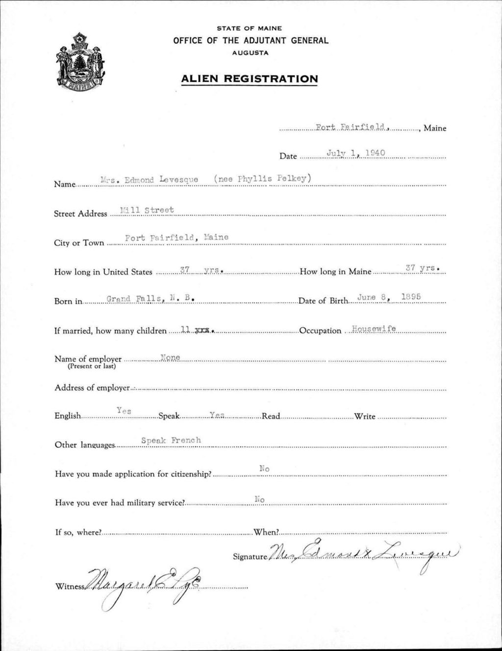 Alien Registration- Pelkey, Phyllis (Fort Fairfield, Aroostook County)