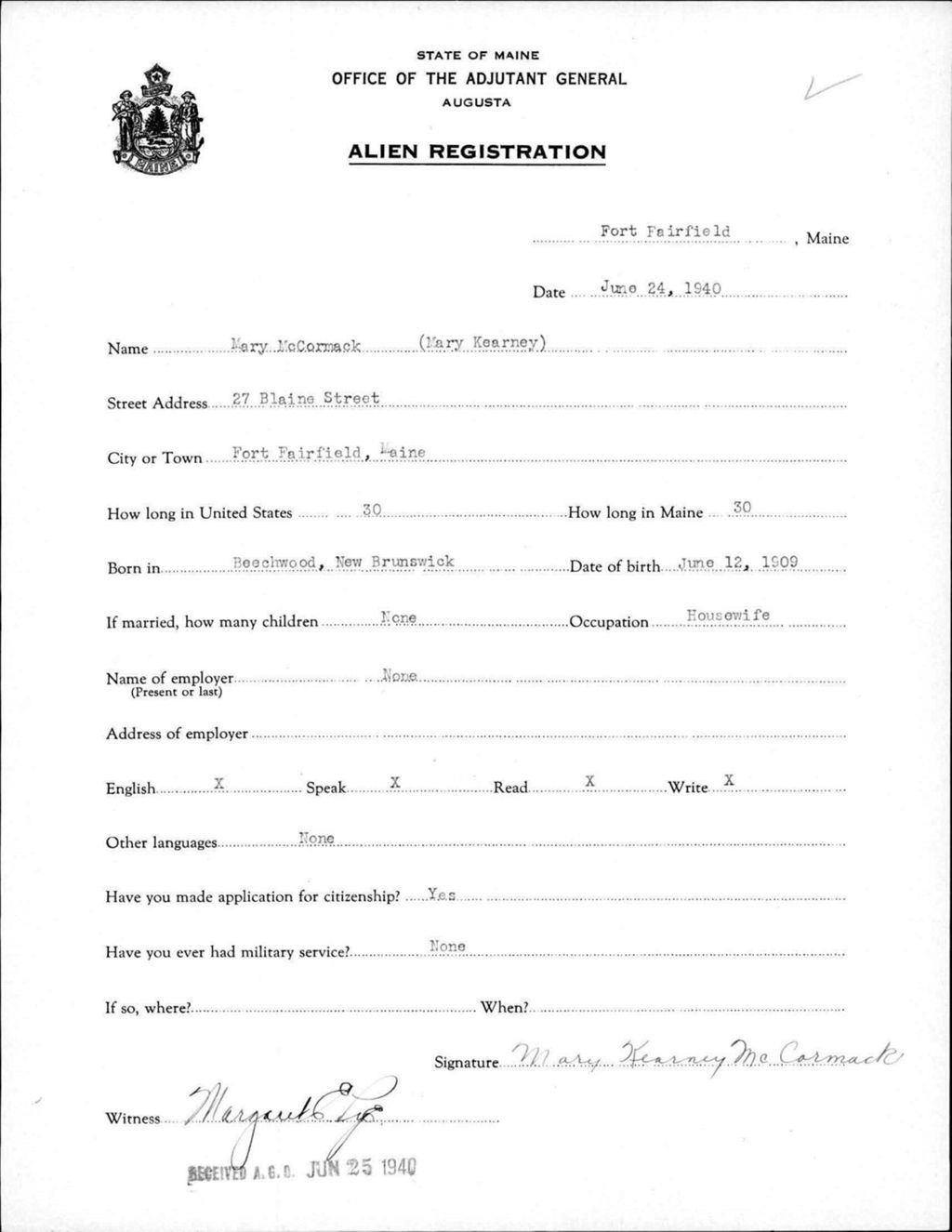 Alien Registration- Kearney, Mary (Fort Fairfield, Aroostook County)