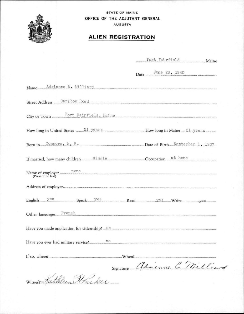 Alien Registration- Millard, Adrienne E. (Fort Fairfield, Aroostook County)