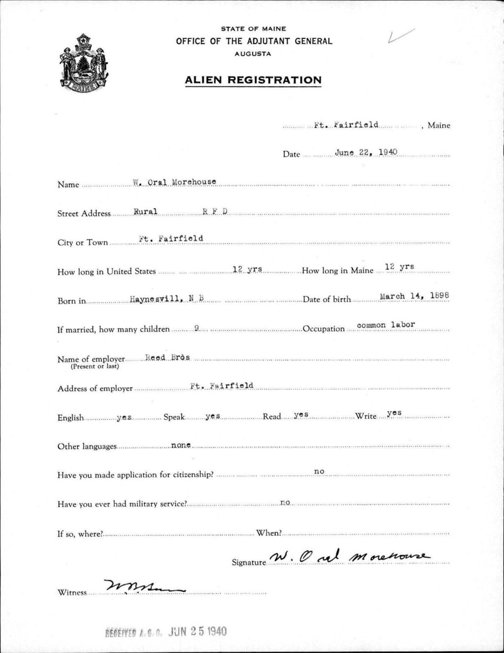 Alien Registration- Morehouse, W Oral (Fort Fairfield, Aroostook County)