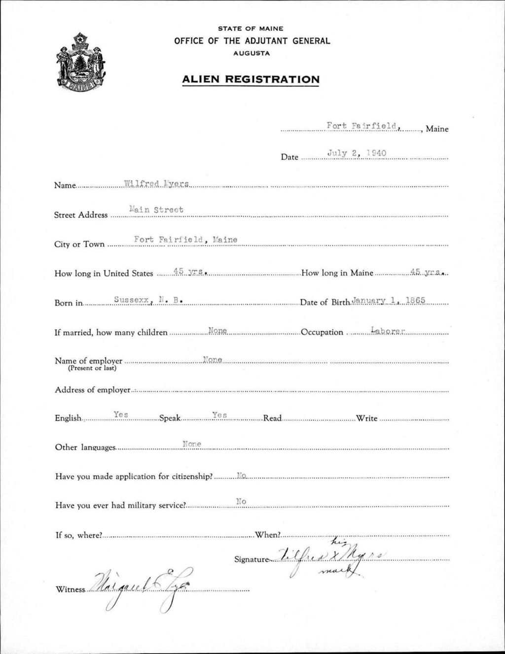 Alien Registration- Myers, Wilfred (Fort Fairfield, Aroostook County)