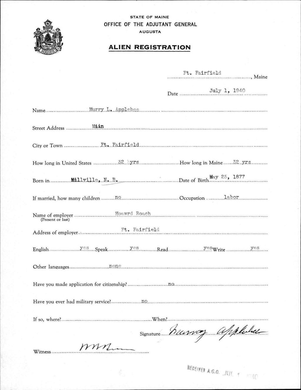 Alien Registration- Applebee, Murry L. (Fort Fairfield, Aroostook County)