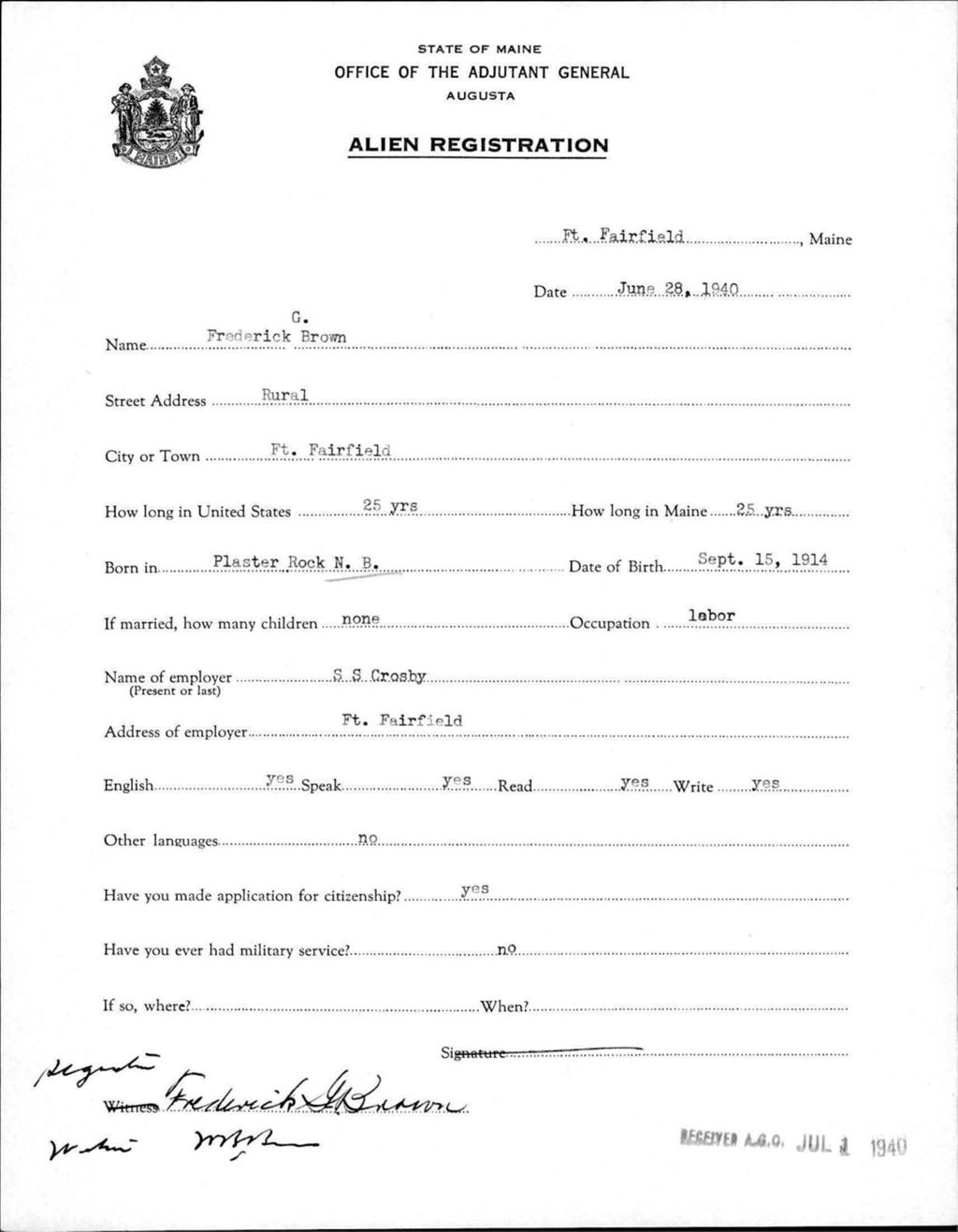 Alien Registration- Brown, Frederick G. (Fort Fairfield, Aroostook County)