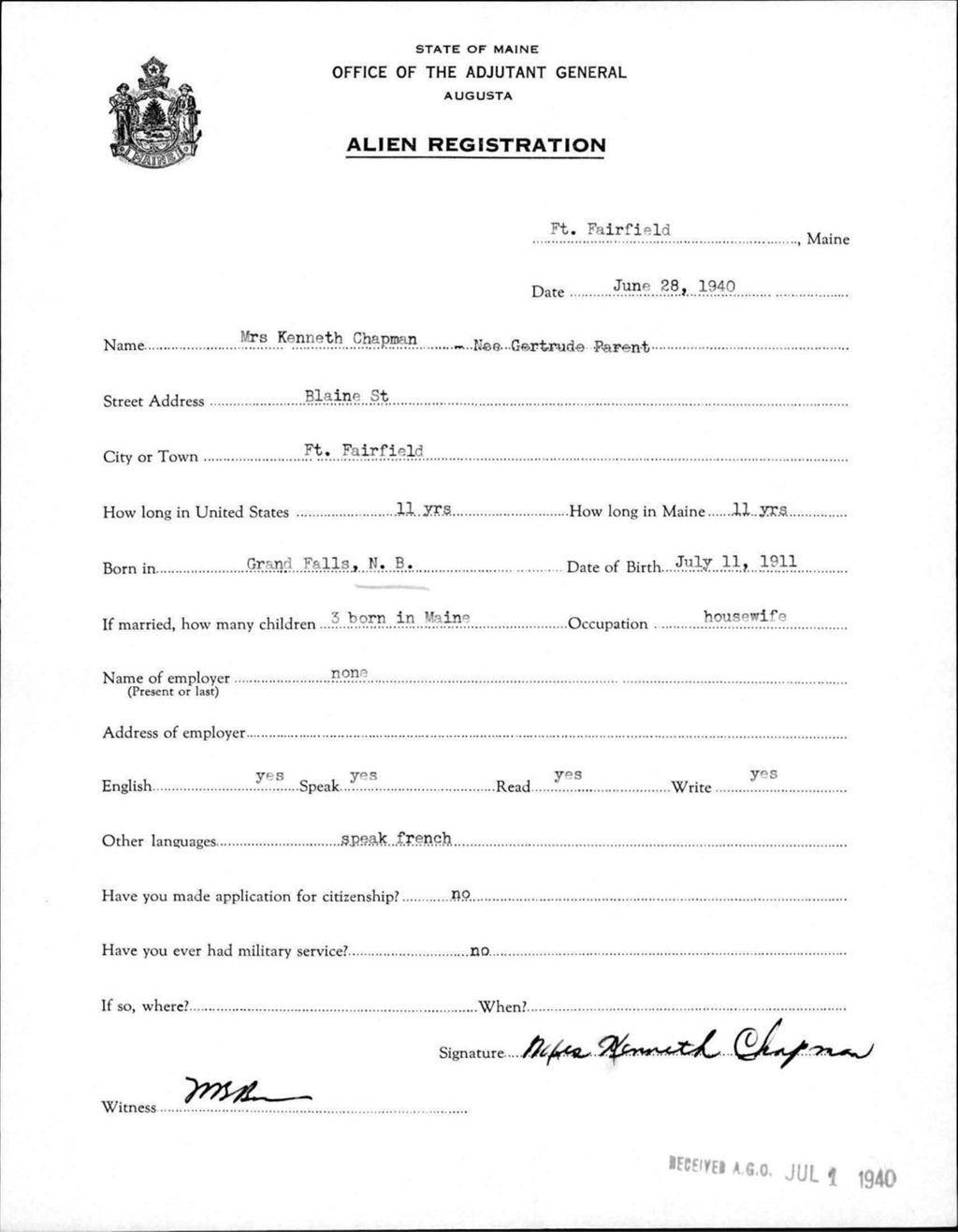 Alien Registration- Parent, Gertrude (Fort Fairfield, Aroostook County)