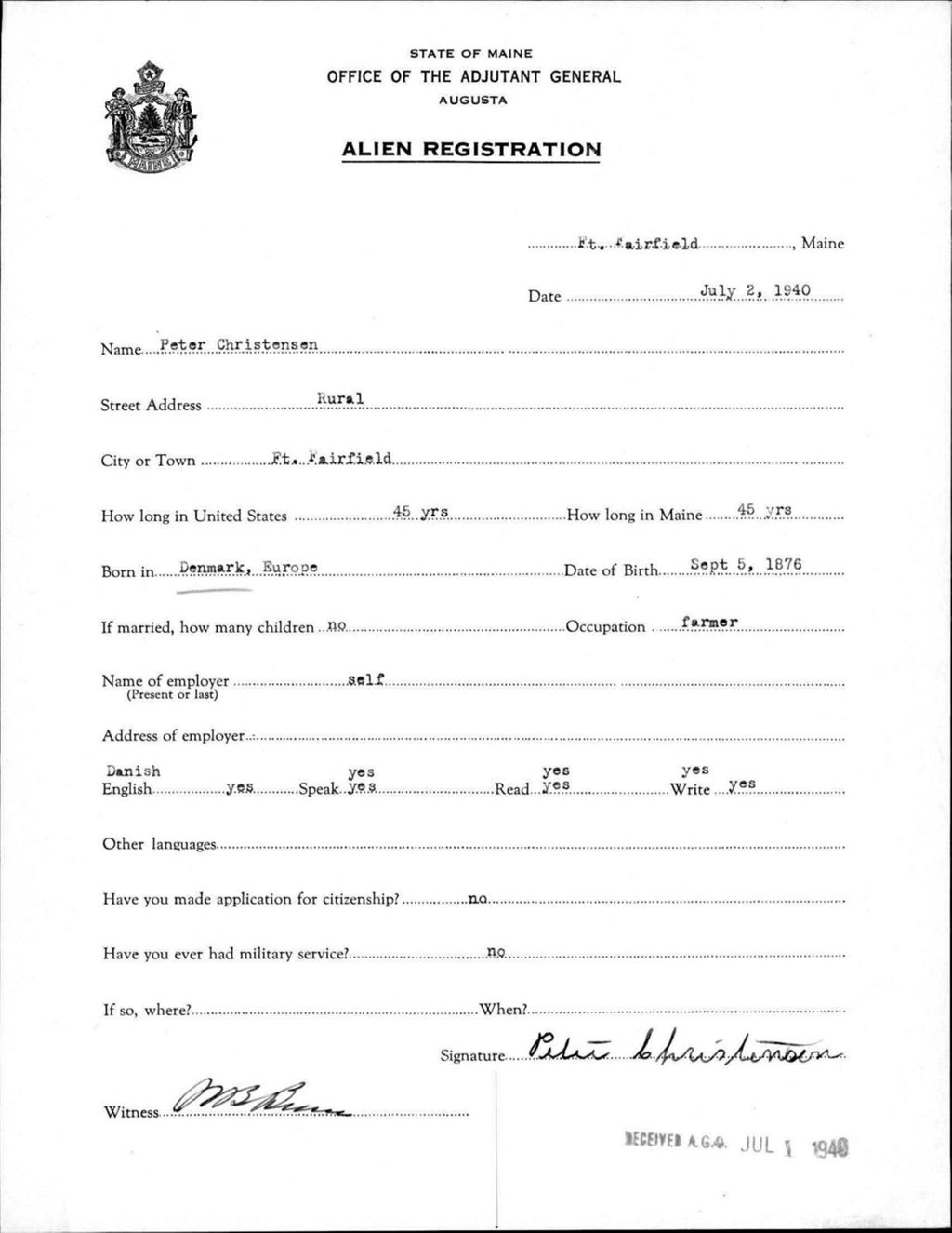 Alien Registration- Christensen, Peter (Fort Fairfield, Aroostook County)