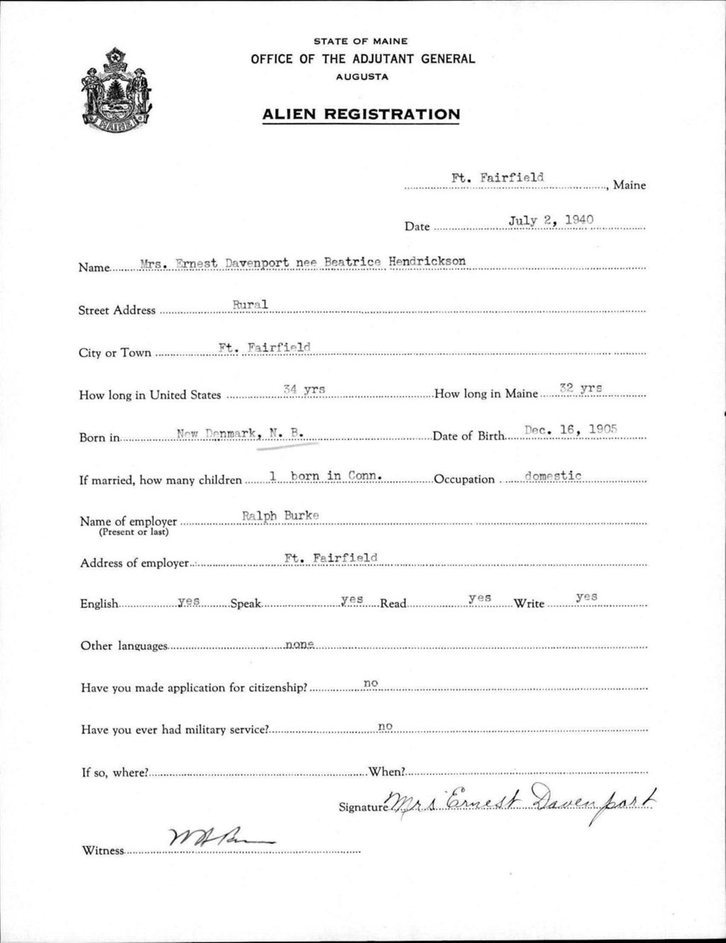 Alien Registration- Hendrickson, Beatrice (Fort Fairfield, Aroostook County)