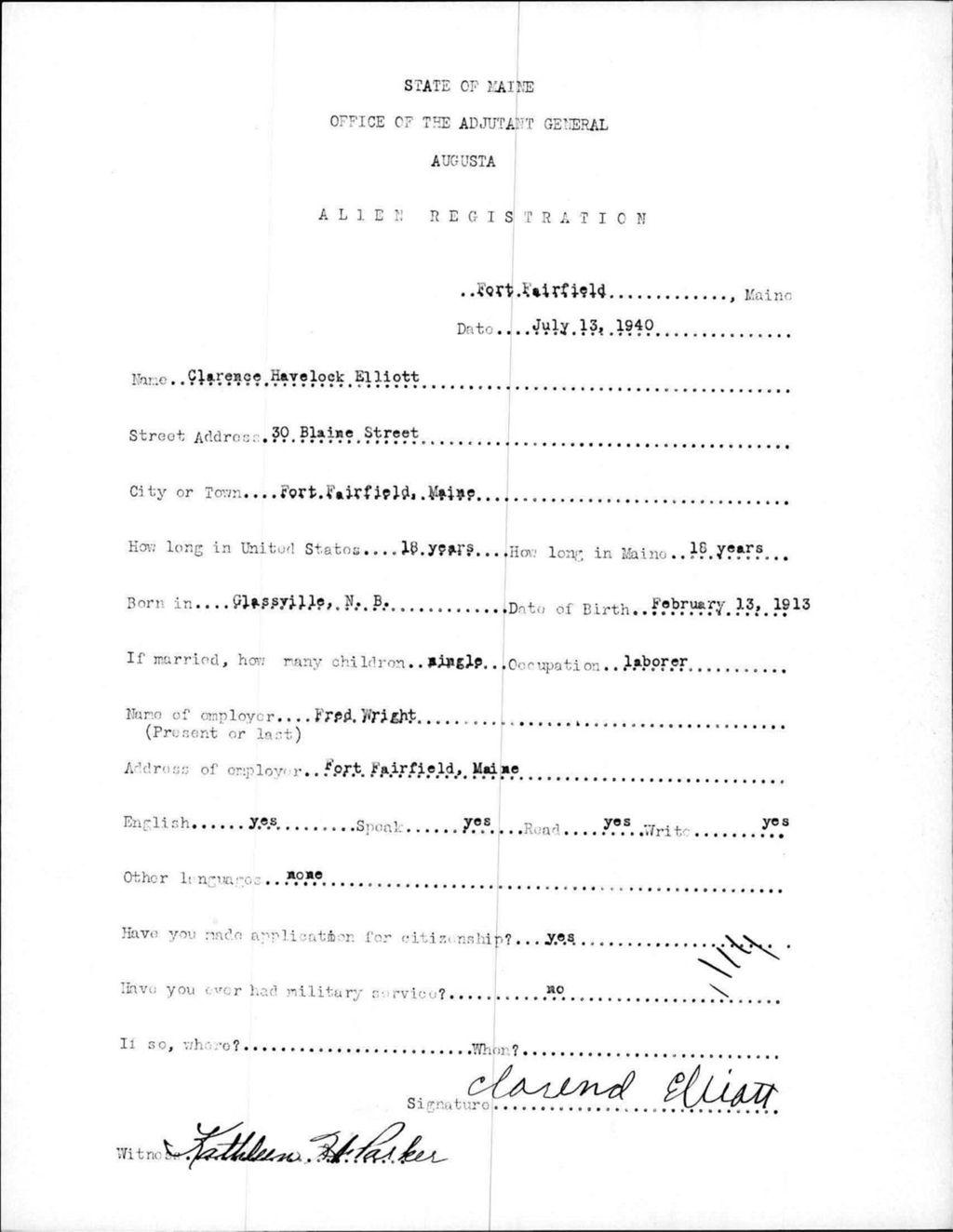 Alien Registration- Elliott, Clarence H. (Fort Fairfield, Aroostook County)