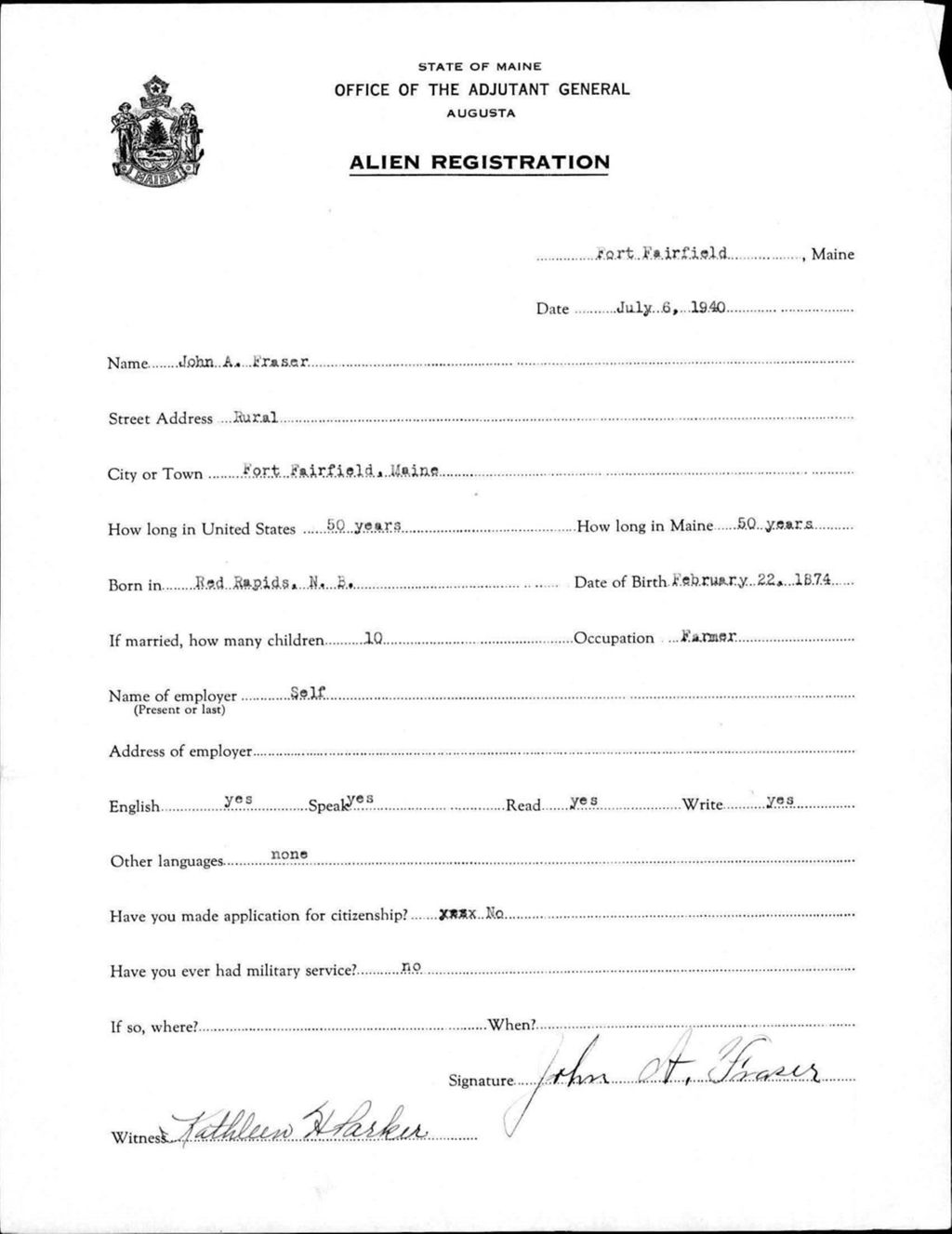 Alien Registration- Fraser, John A. (Fort Fairfield, Aroostook County)