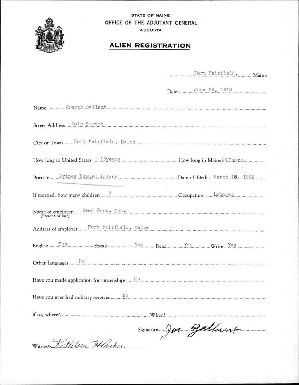 Alien Registration- Gallant, Joseph (Fort Fairfield, Aroostook County)