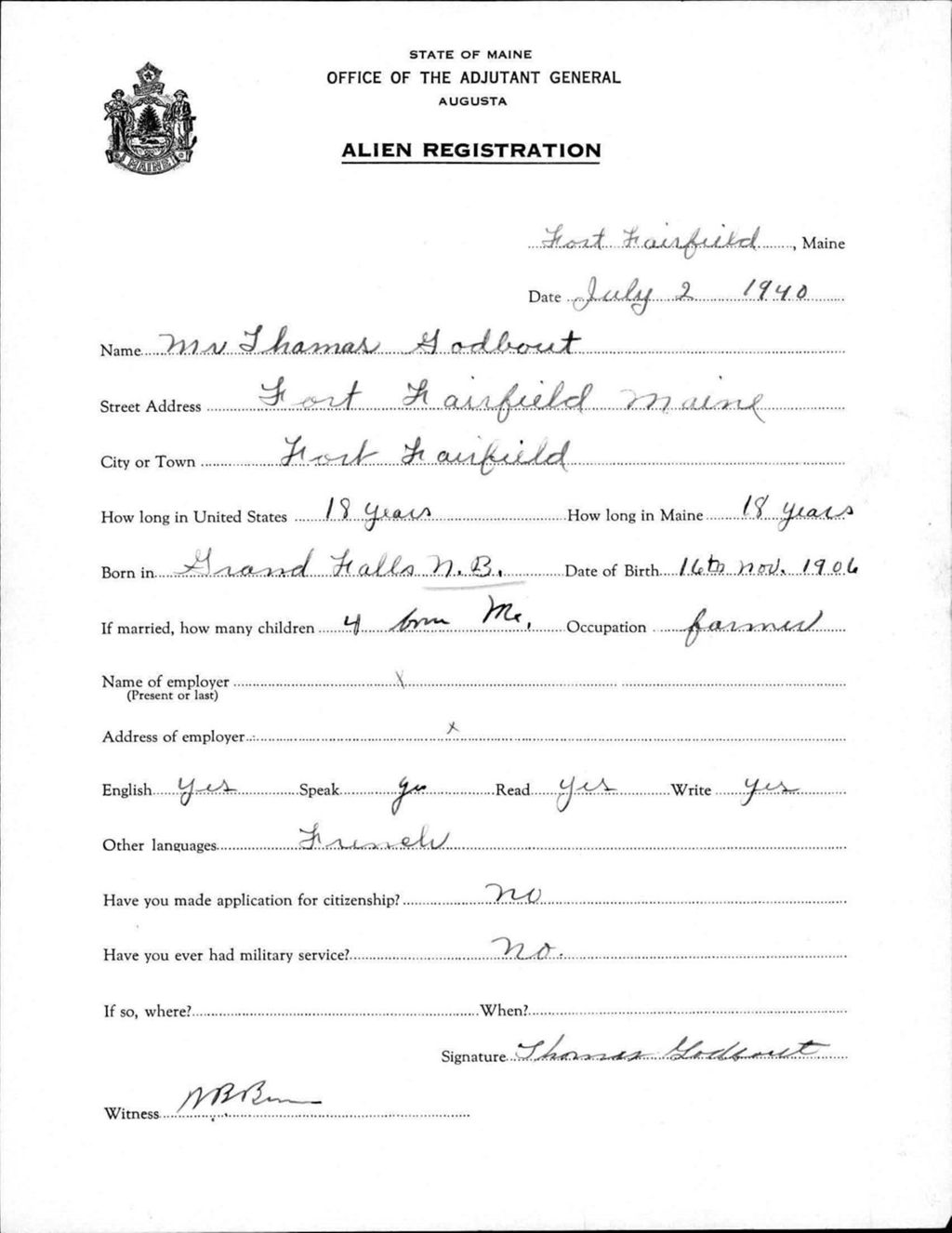 Alien Registration- Godbout, Thamas (Fort Fairfield, Aroostook County)