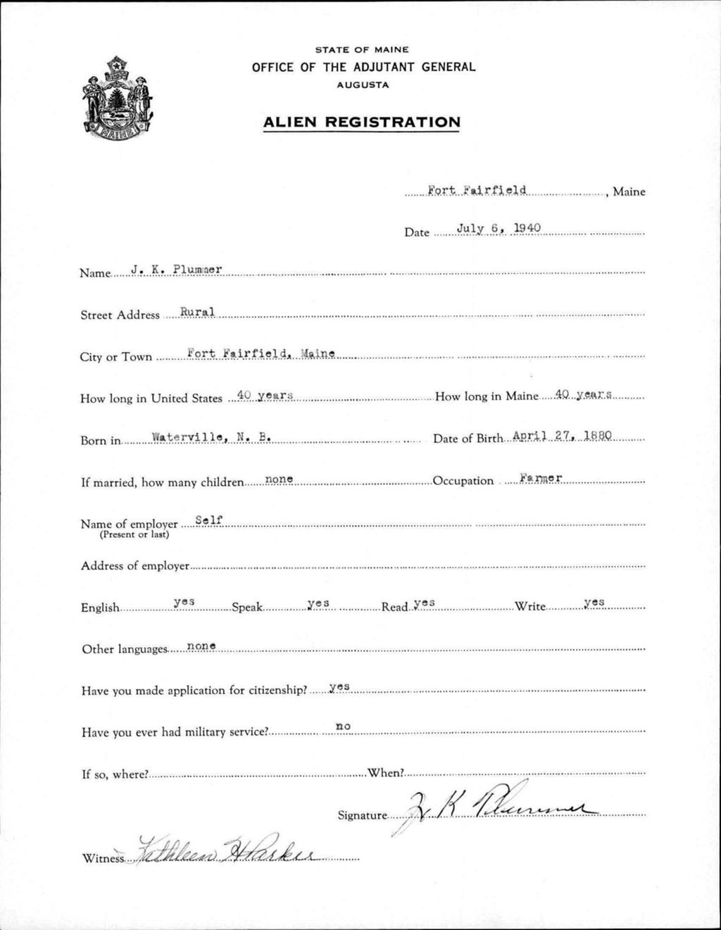 Alien Registration- Plummer, J K. (Fort Fairfield, Aroostook County)