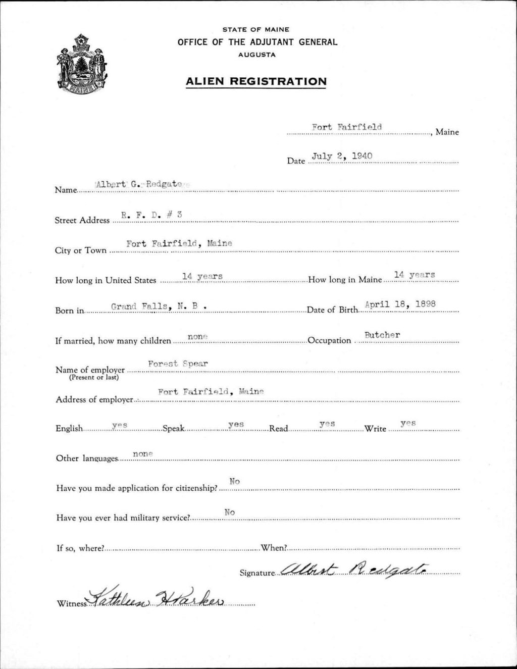 Alien Registration- Redgate, Albert G. (Fort Fairfield, Aroostook County)
