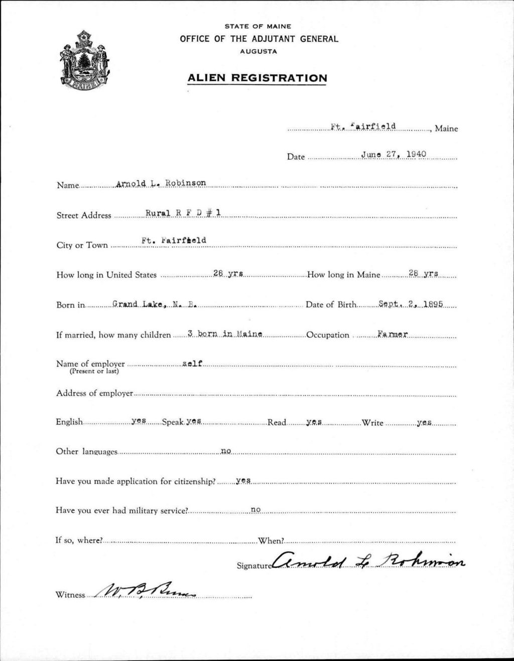 Alien Registration- Robinson, Arnold L. (Fort Fairfield, Aroostook County)