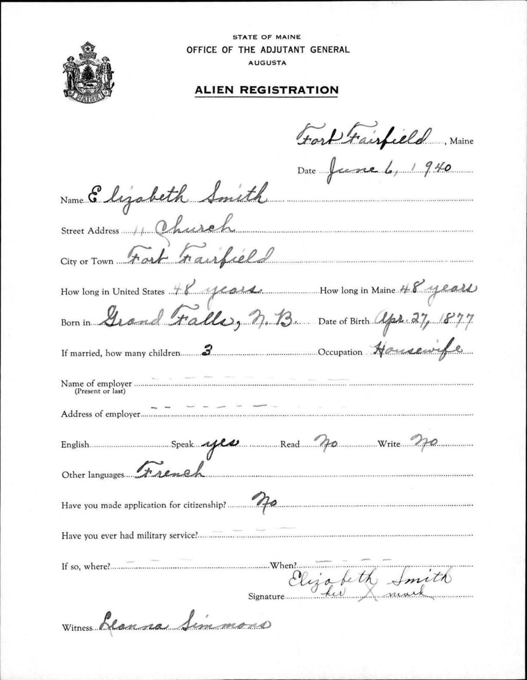 Alien Registration- Smith, Elizabeth (Fort Fairfield, Aroostook County)