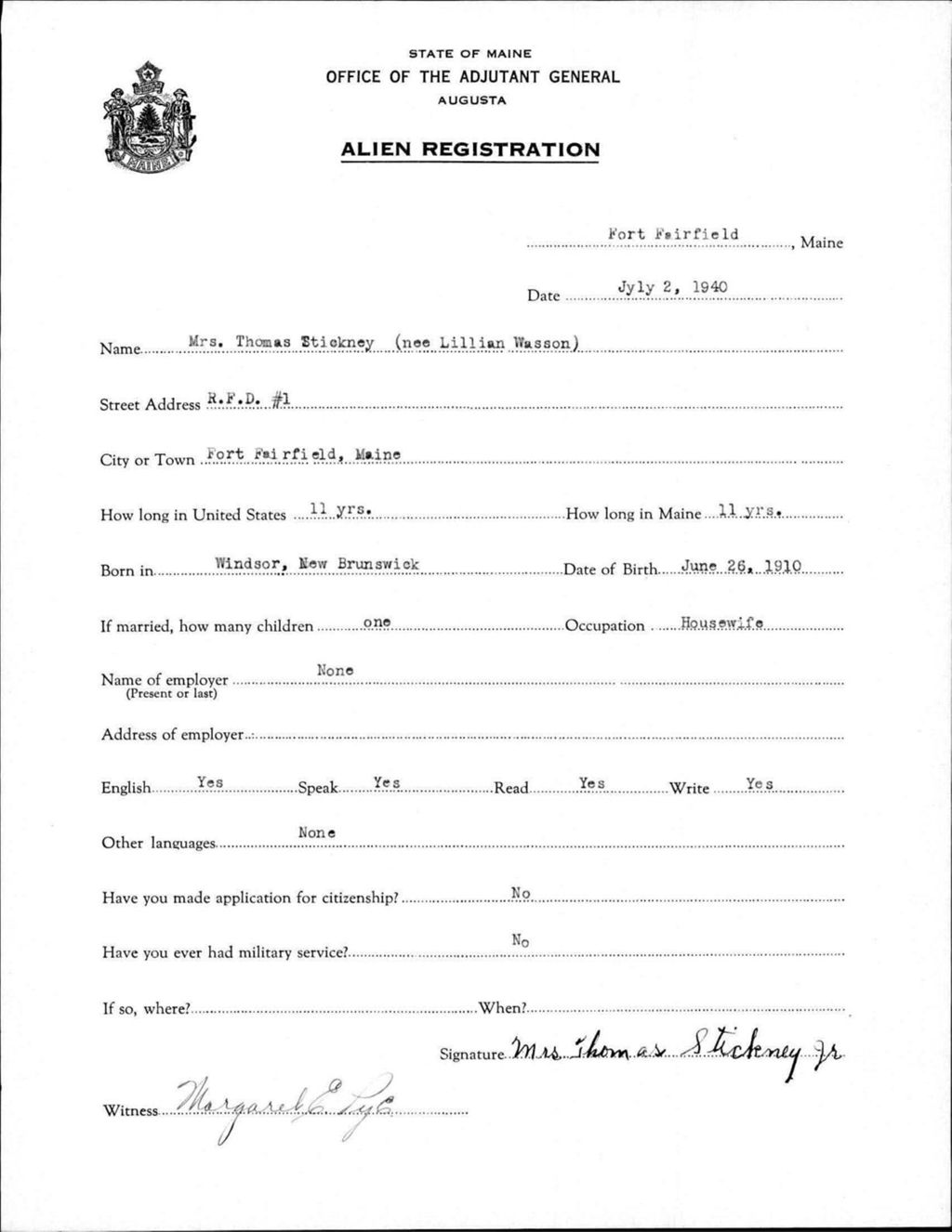 Alien Registration- Wasson, Lillian (Fort Fairfield, Aroostook County)