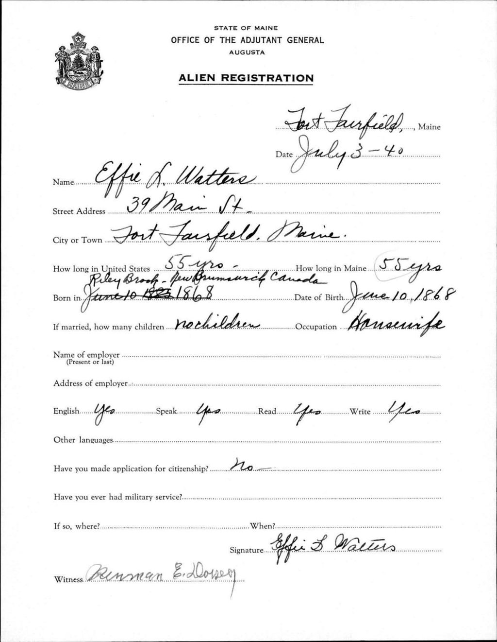Alien Registration- Watters, Effie L. (Fort Fairfield, Aroostook County)