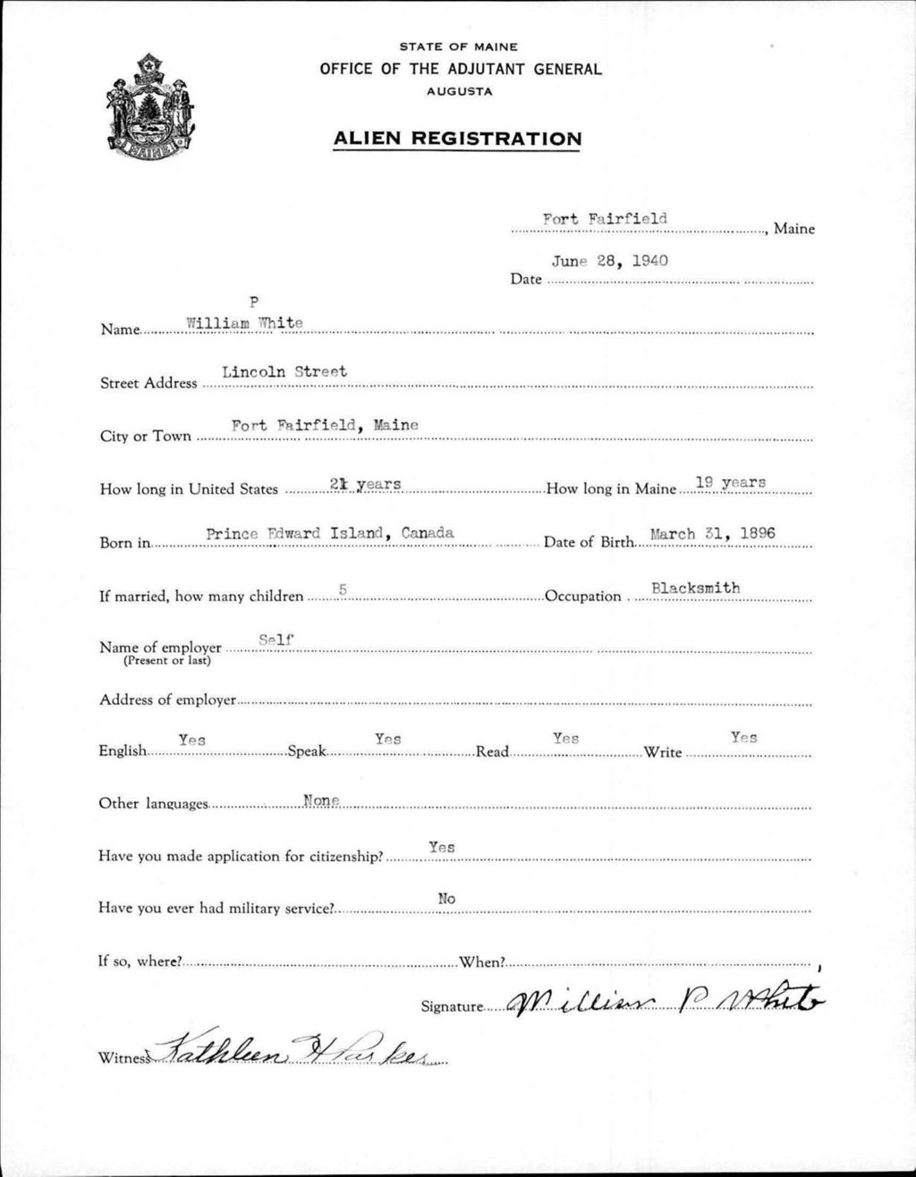 Alien Registration- White, William P. (Fort Fairfield, Aroostook County)