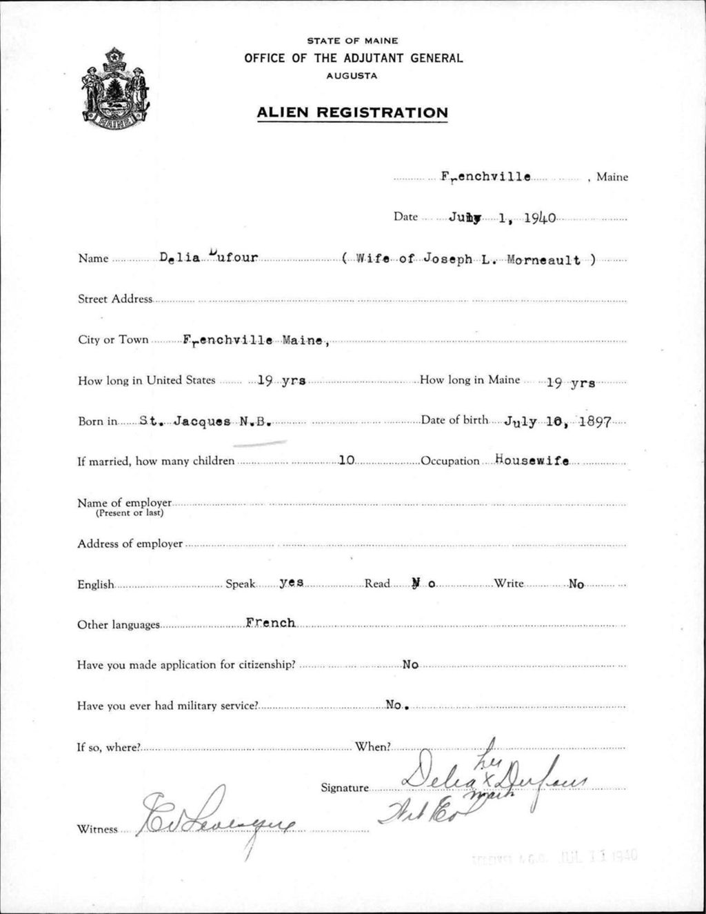 Alien Registration- Dufour, Delia (Fort Fairfield, Aroostook County)