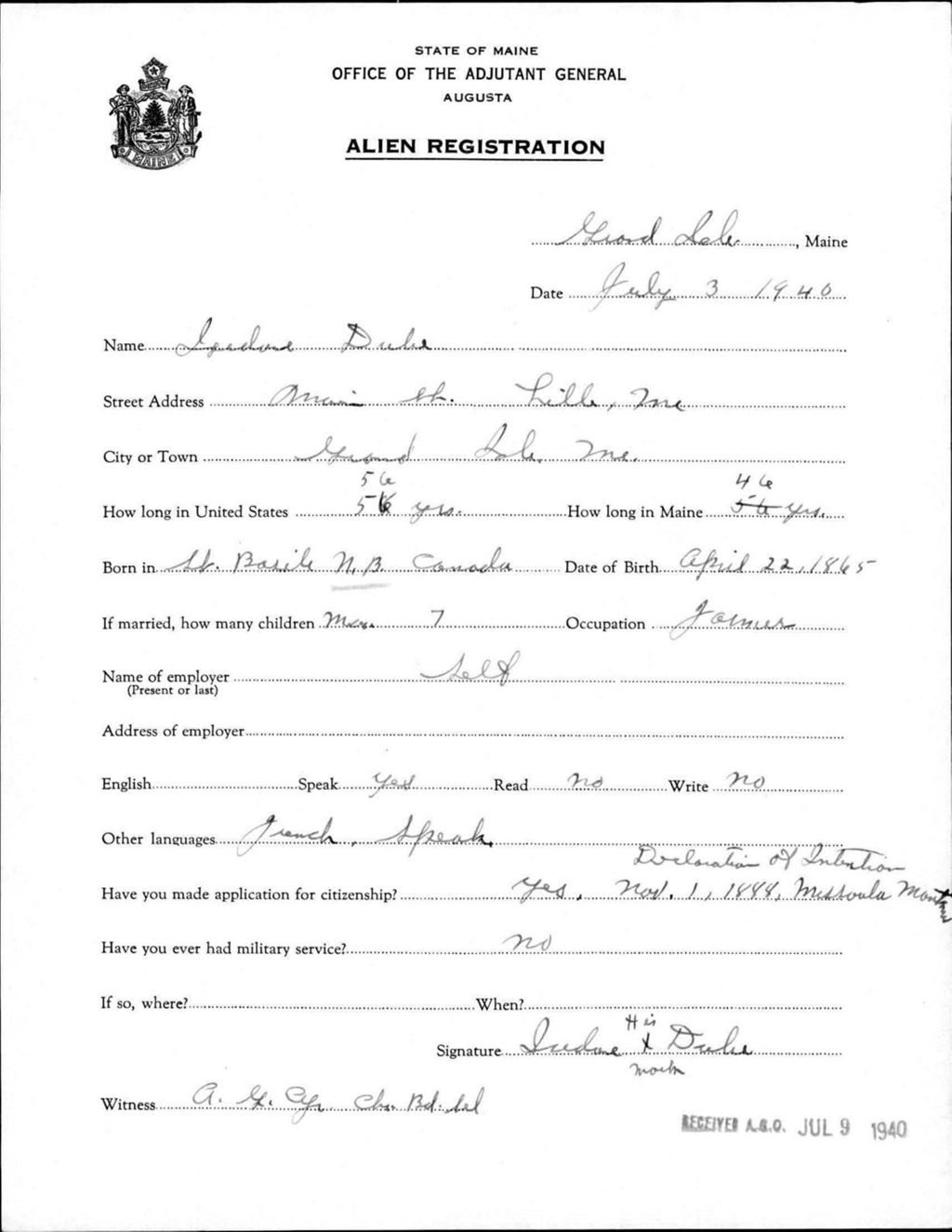 Alien Registration- Dube, Jardine (Fort Fairfield, Aroostook County)