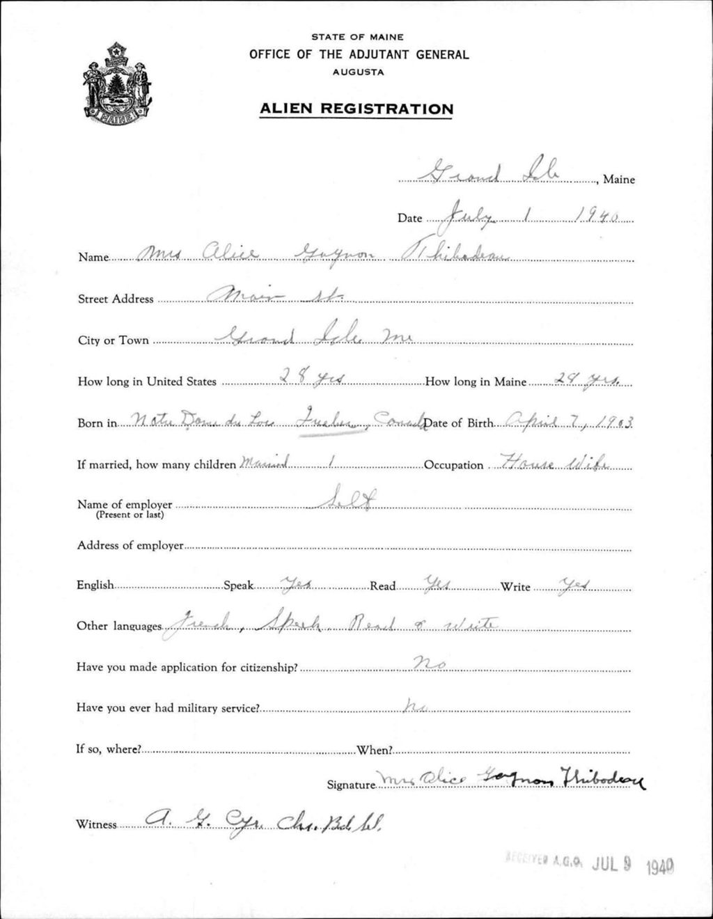 Alien Registration- Gagnon, Alice (Fort Fairfield, Aroostook County)