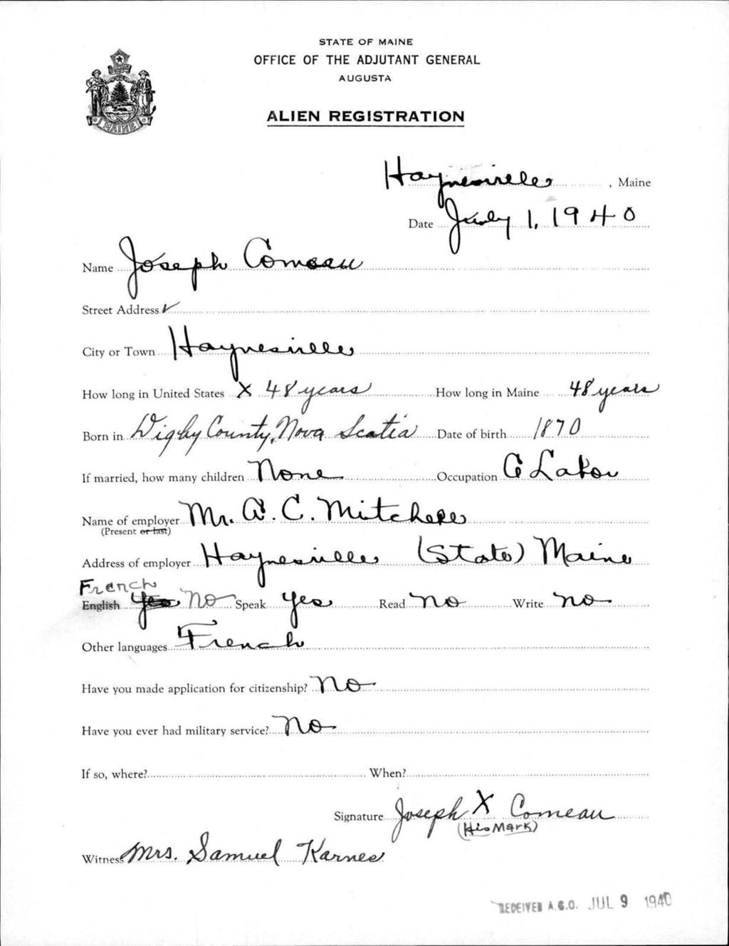 Alien Registration- Comeau, Joseph (Fort Fairfield, Aroostook County)