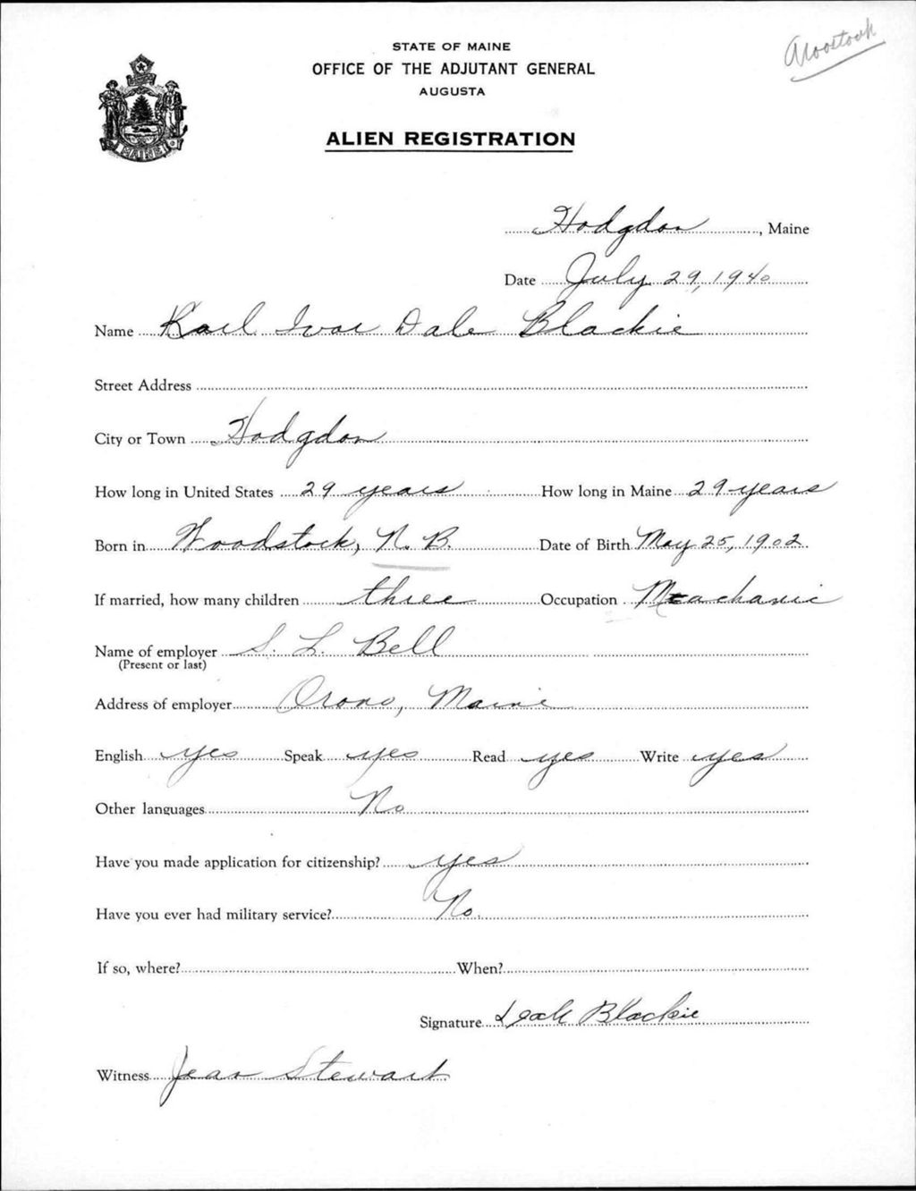 Alien Registration- Blackie, Karl I D. (Hodgdon, Aroostook County)