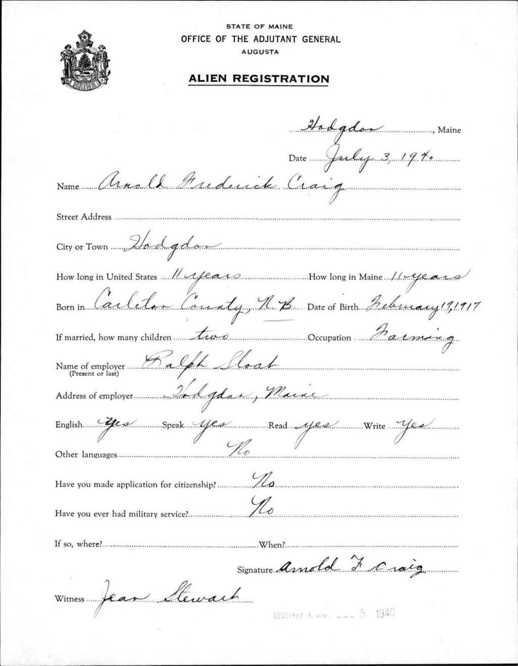 Alien Registration- Craig, Arnold F. (Fort Fairfield, Aroostook County)