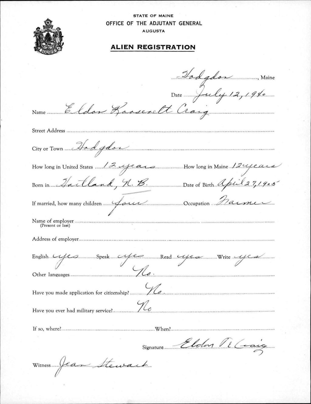 Alien Registration- Craig, Eldon K. (Fort Fairfield, Aroostook County)