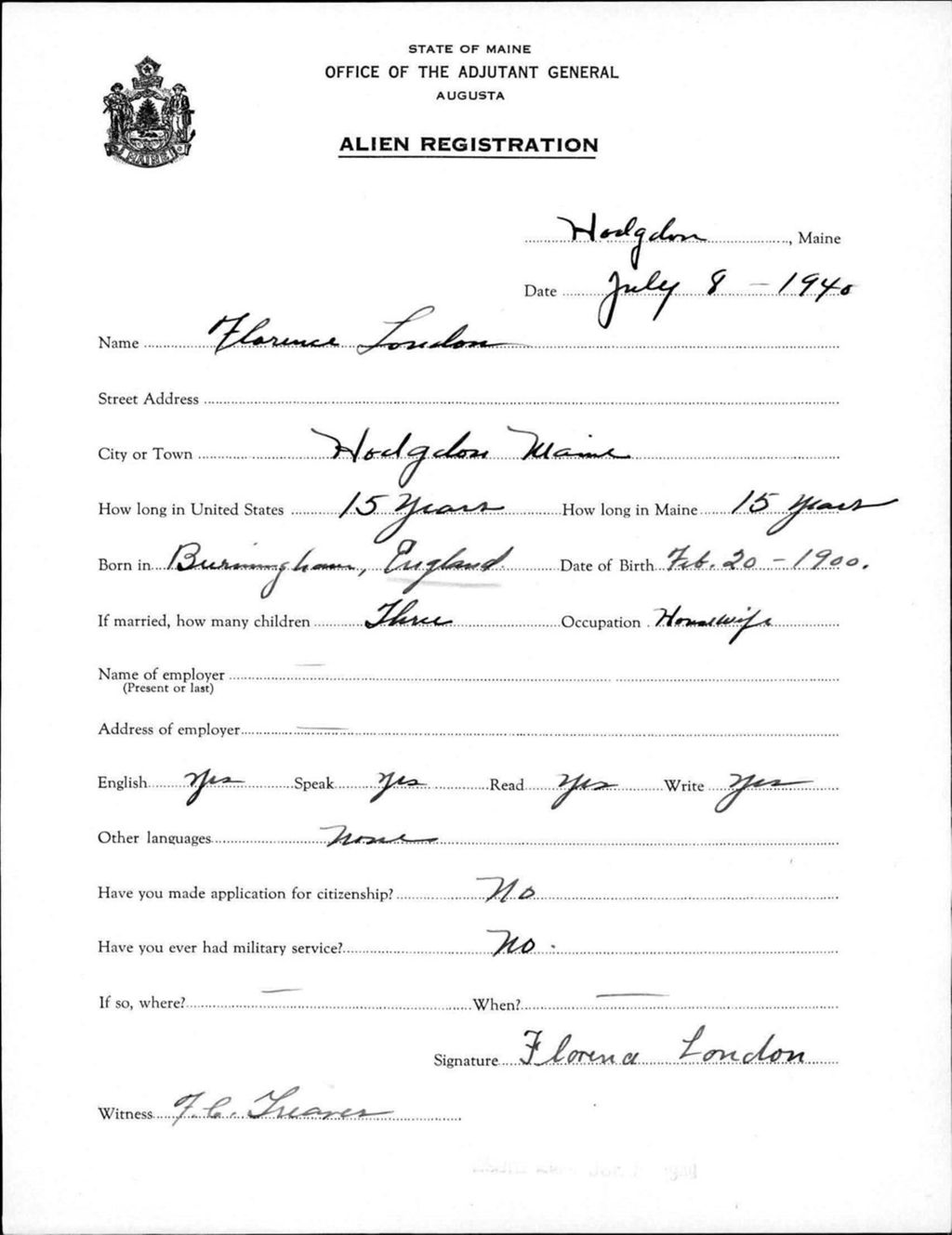 Alien Registration- London, Florence (Fort Fairfield, Aroostook County)