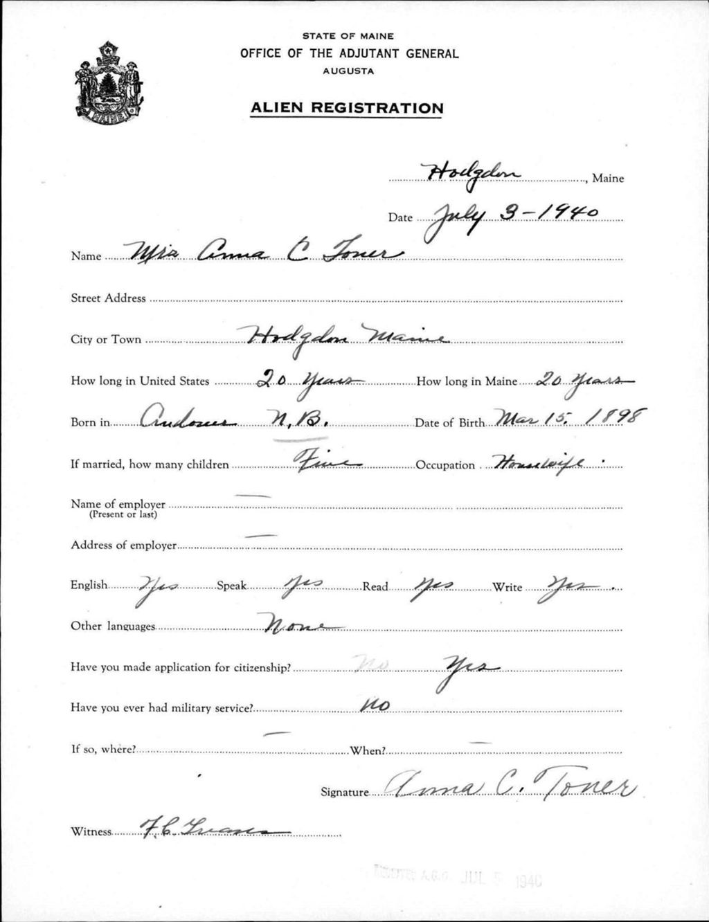 Alien Registration- Toner, Anna C. (Fort Fairfield, Aroostook County)
