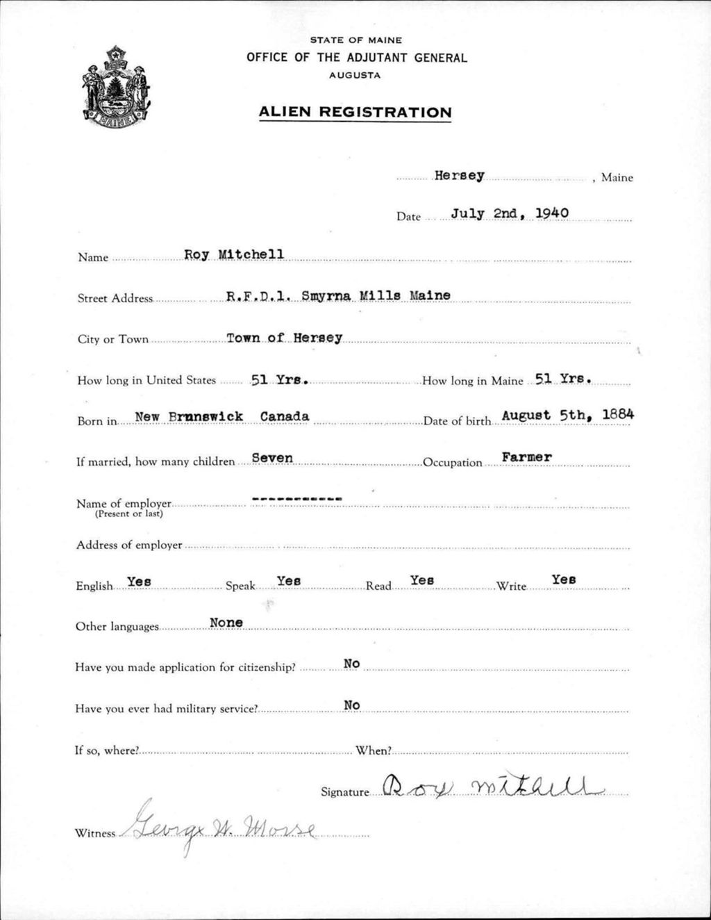 Alien Registration- Mitchell, Roy (Fort Fairfield, Aroostook County)