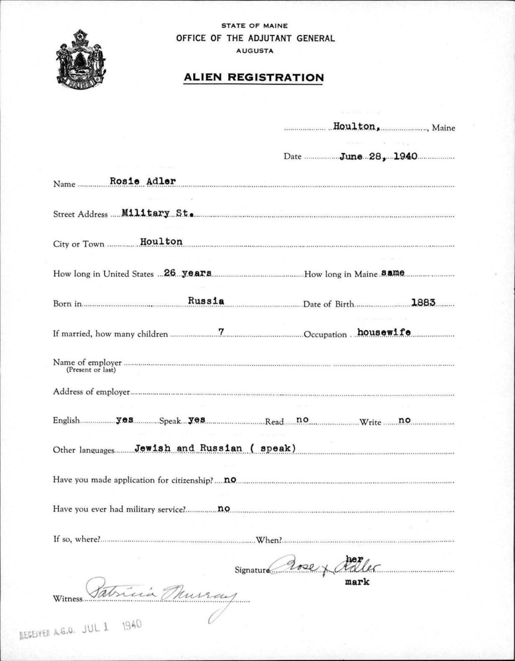 Alien Registration- Adler, Rosie (Houlton, Aroostook County)