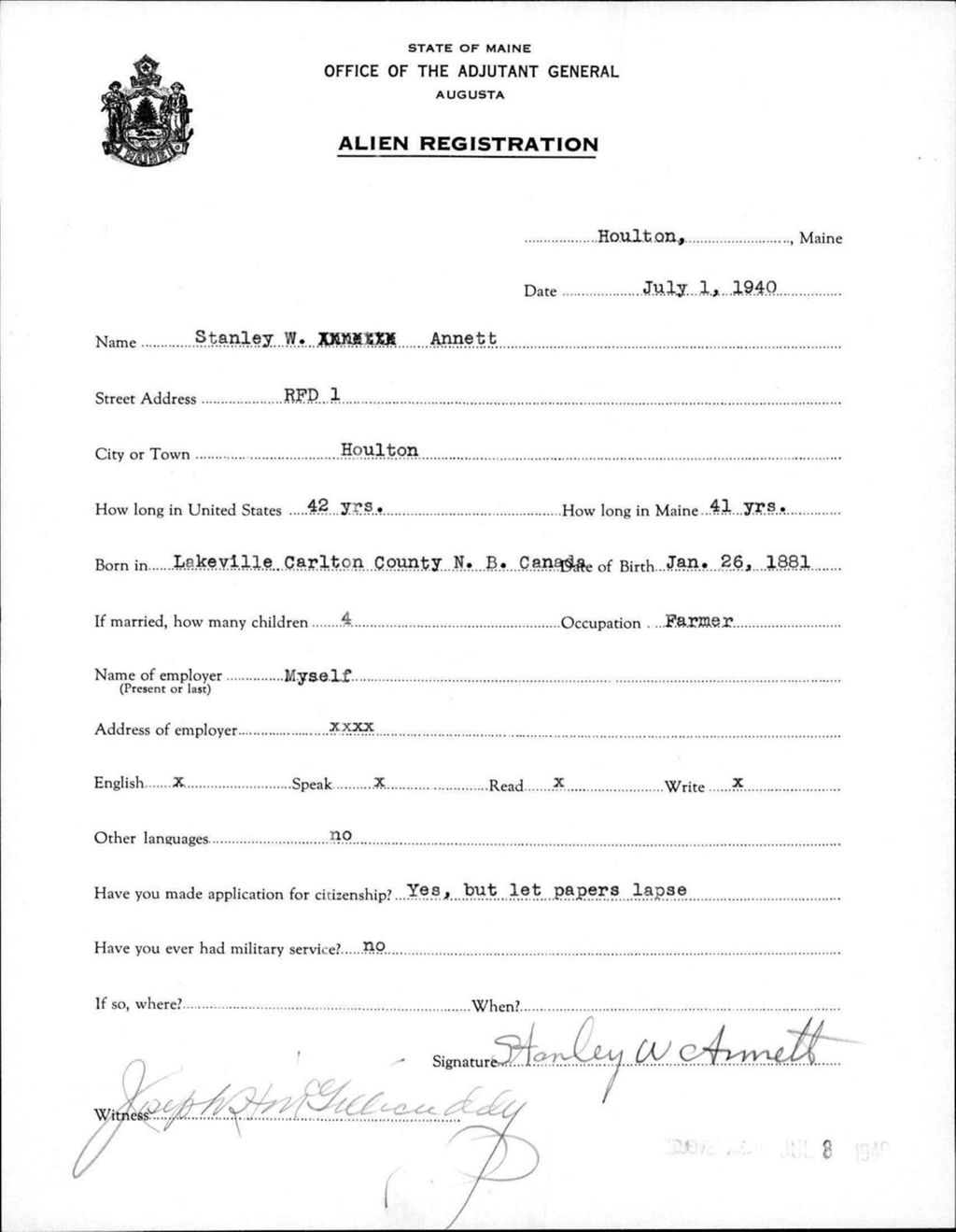 Alien Registration- Annett, Stanley W. (Houlton, Aroostook County)
