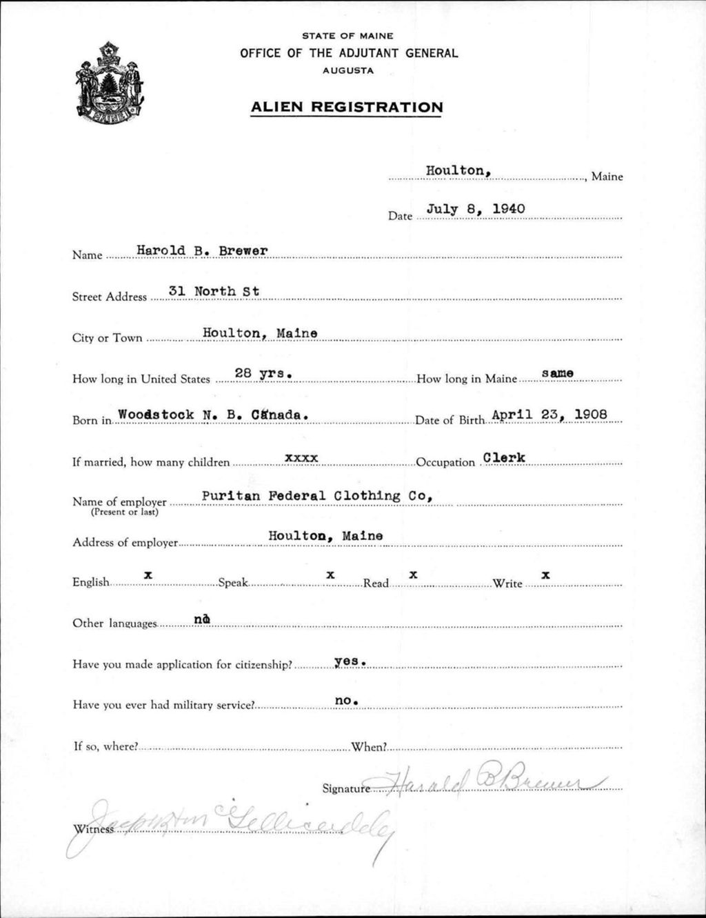 Alien Registration- Brewer, Harold B. (Houlton, Aroostook County)