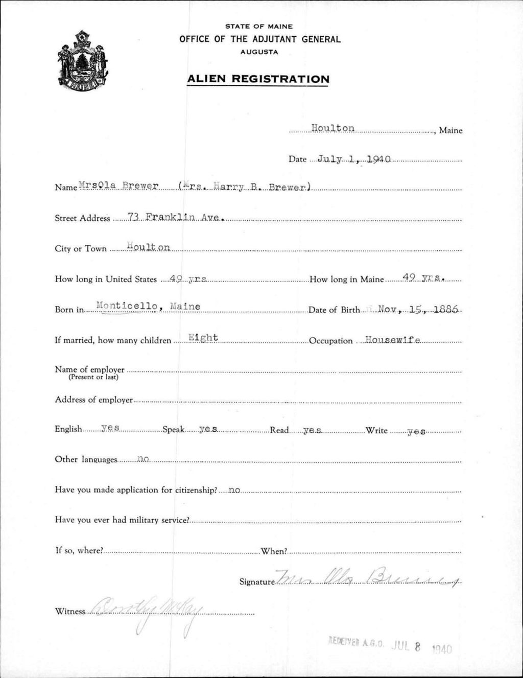 Alien Registration- Brewer, Ola (Houlton, Aroostook County)