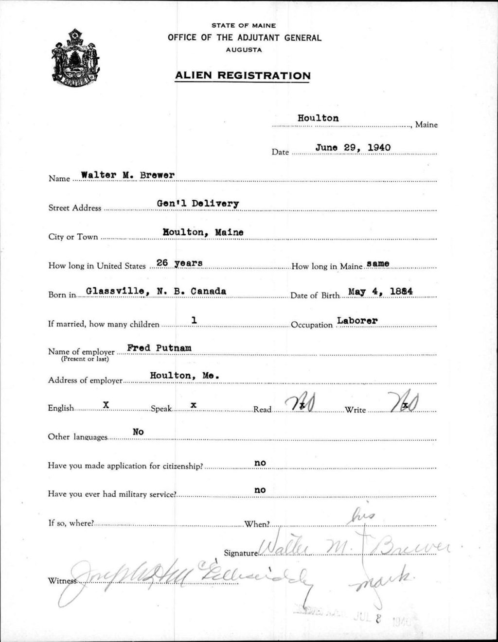 Alien Registration- Brewer, Walter M. (Houlton, Aroostook County)