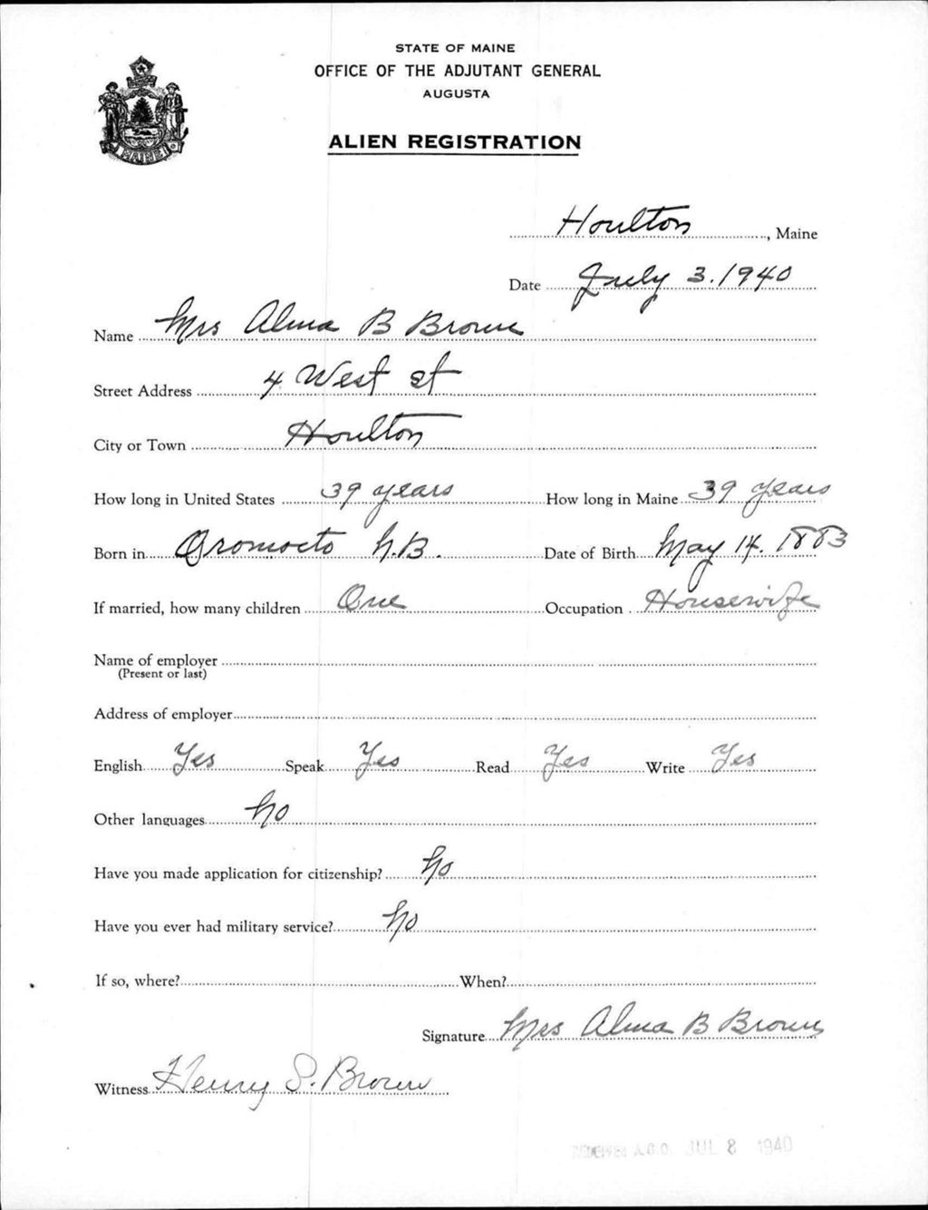 Alien Registration- Brown, Alma B. (Houlton, Aroostook County)