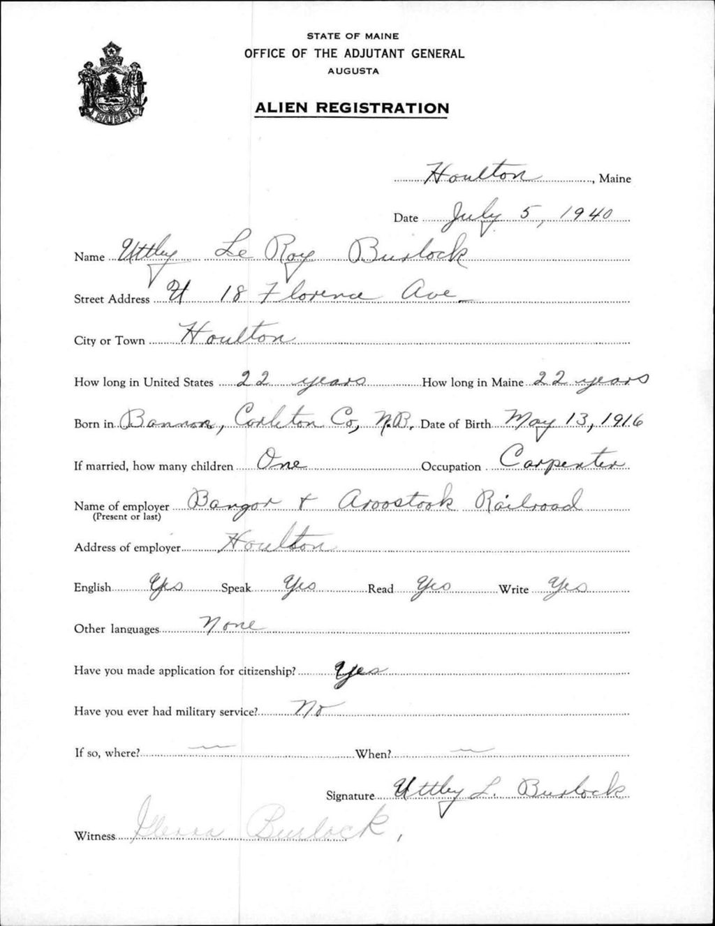 Alien Registration- Burlock, Uttley L. (Houlton, Aroostook County)